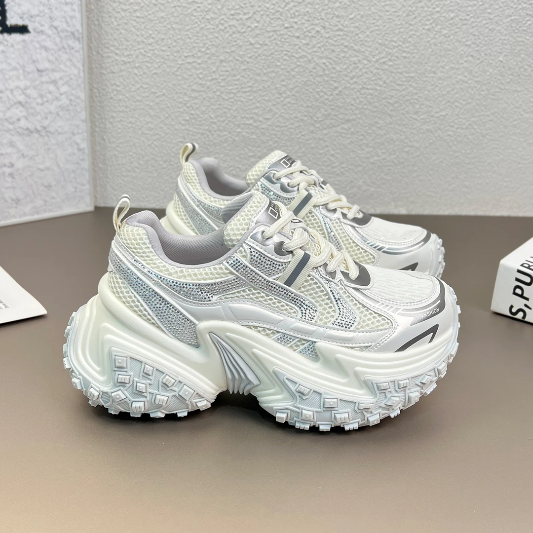 欧货爆款水钻老爹鞋女2025秋季新款厚底增高真皮高级感休闲运动鞋