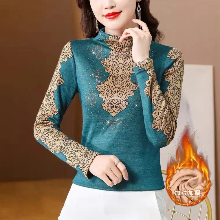 2198-11时尚自由领烫钻加绒打底衫