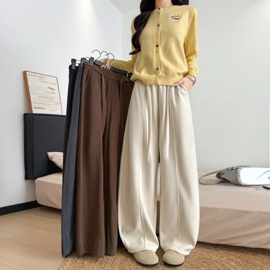 欧棉绒弯刀裤女秋季2025新款咖色裤子高腰垂感秋冬加绒休闲阔腿裤