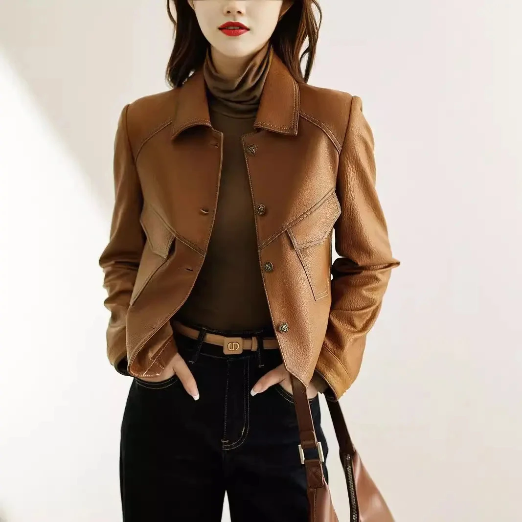 哥弟阿玛施正100%真皮头层绵羊皮夹克秋冬短款休闲气质皮衣外套女