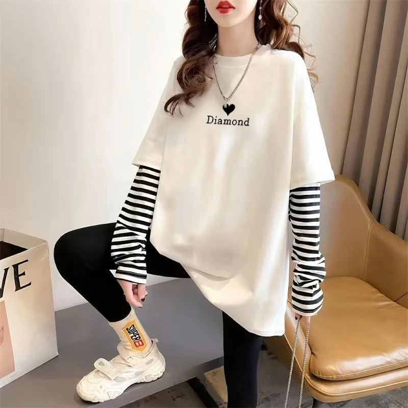 纯棉胖mm大码宽松打底衫长袖t恤女秋冬洋气假两件条纹中长款上衣