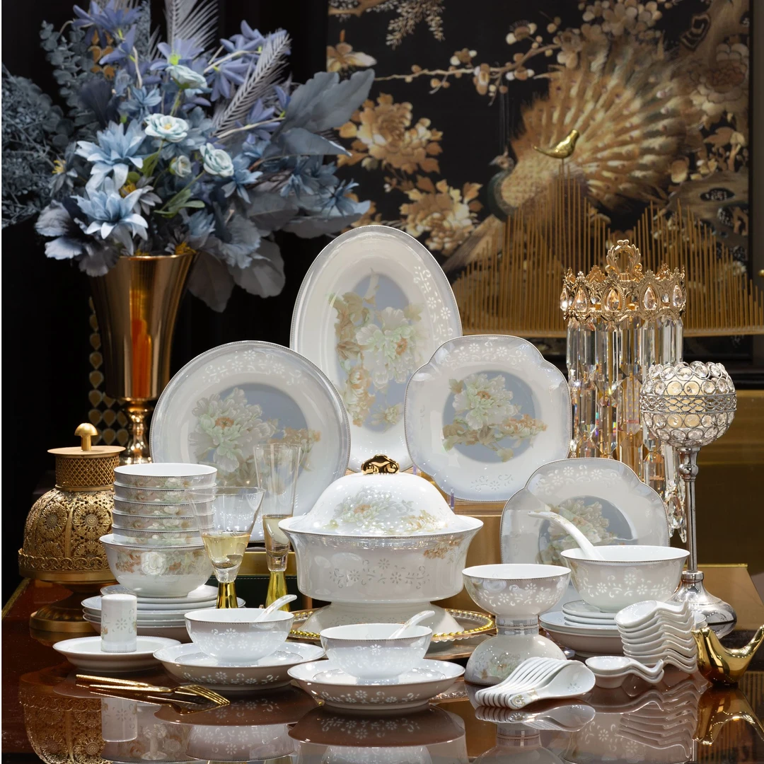 景德镇餐具高档白瓷贵妃玲珑100件乔迁新居高端套组