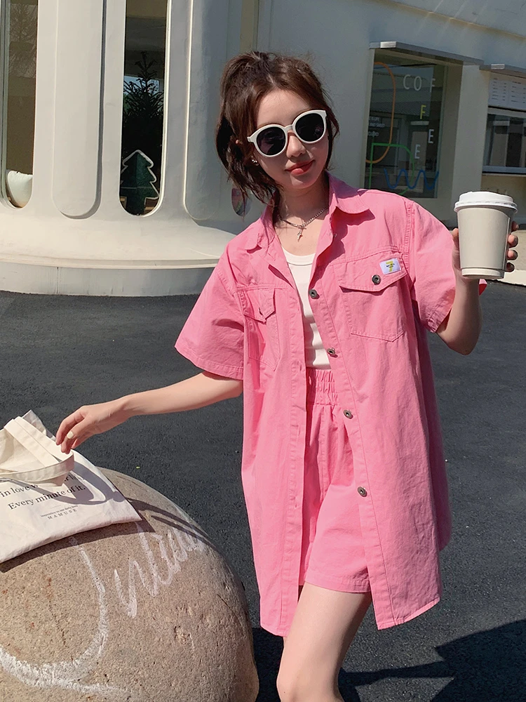 粉色衬衫套装女大码夏季新款多巴胺穿搭时尚休闲小个子短裤两件套