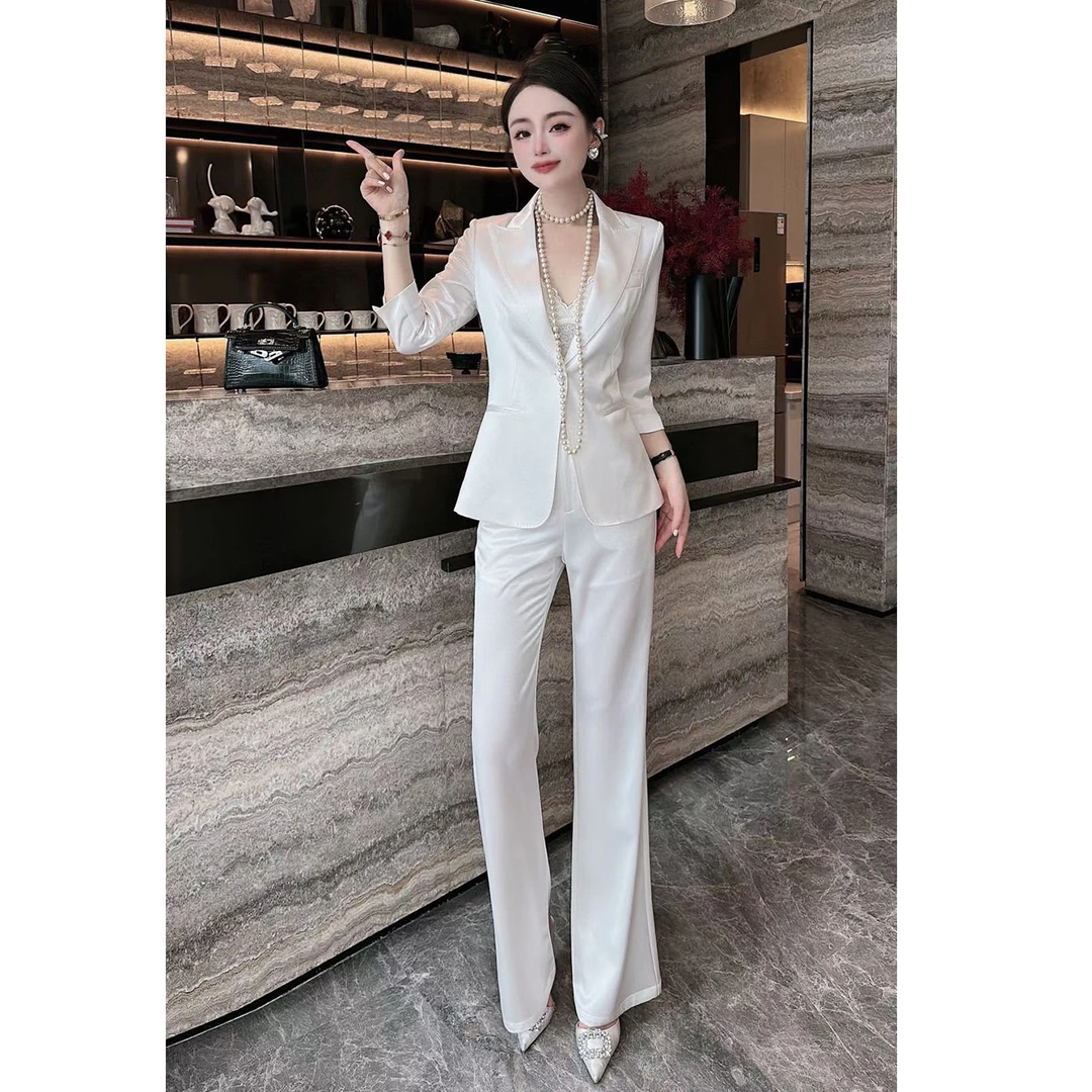 洋气高级2025年夏季新款气质醋酸薄款西装套装女高腰垂感阔腿裤两