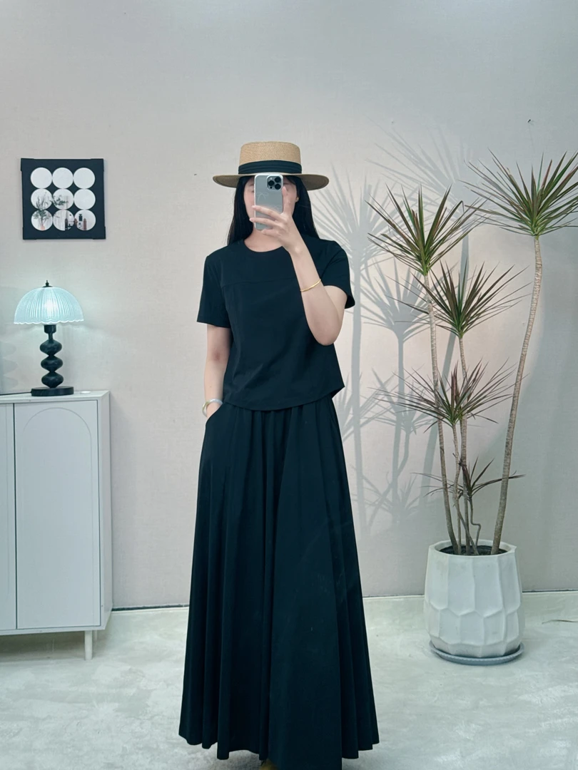 【高个子定制】夏季新款黑色气质高级感圆领上衣显瘦长裙套装ZB1