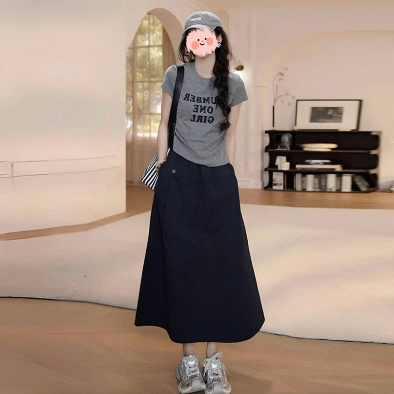 韩系休闲显瘦T恤半身裙两件套2025新款漂亮减龄印花设计感套装潮