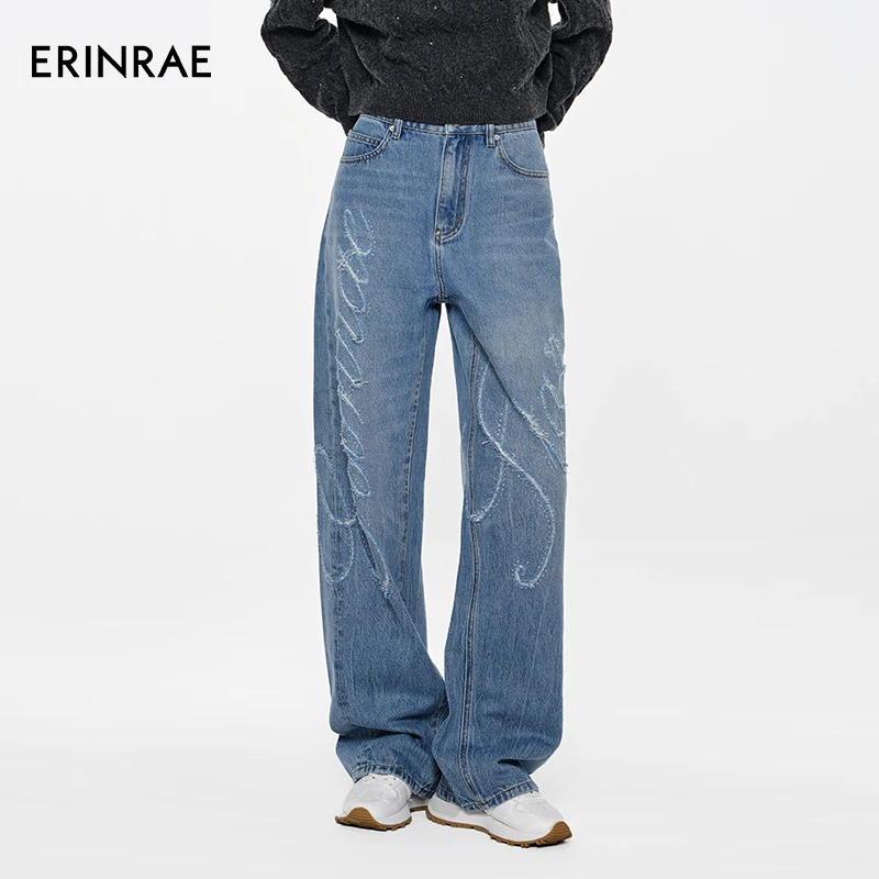 ERINRAE25夏季新款烧花字母直筒牛仔裤EH1N2171CO81