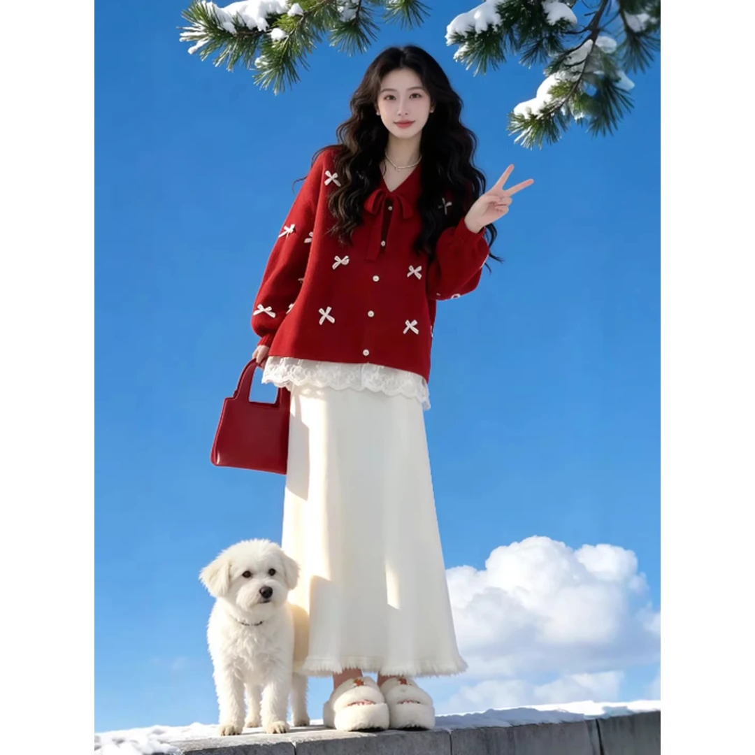 红色蝴蝶结V领毛衣女2026早春圣诞风洋气减龄巨好看宽松慵懒上衣