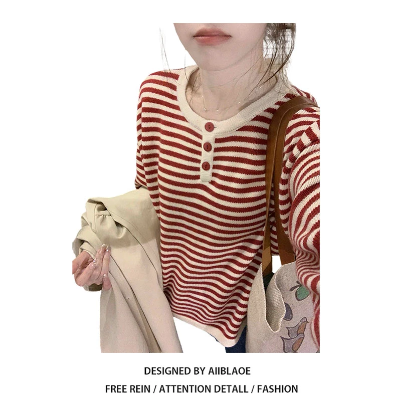 韩系设计感条纹圆领针织衫女毛衣早秋2025新款学院风宽松显瘦上衣