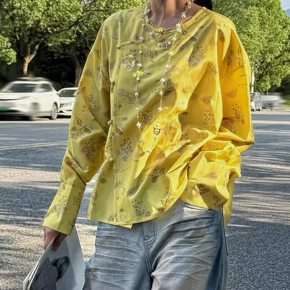 Bahati~25夏~~mmq~气质时髦新中式国风独特别致盘扣圆领衬衫上衣