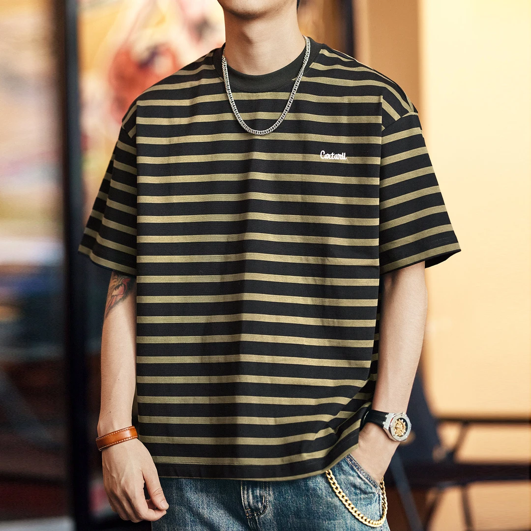 格蓝鹿高端日系复古条纹短袖t恤男2025夏季新款宽松纯棉圆领半袖