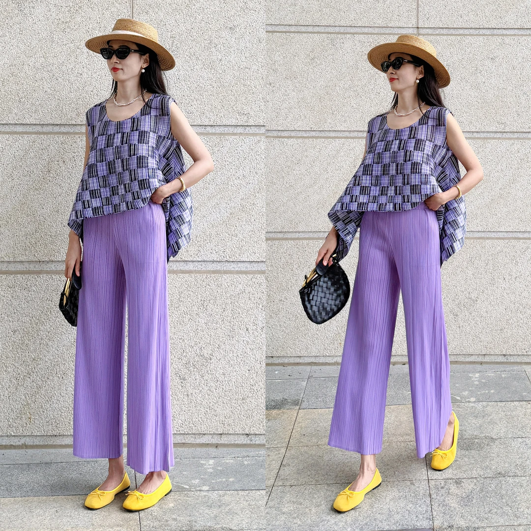 【韩女士穿搭】夏季新款低领无袖格子印花褶皱上衣加百搭阔腿裤