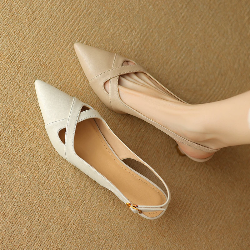 断码清仓全牛皮尖头镂空凉鞋女2025夏季新款细跟包头浅口低跟单鞋