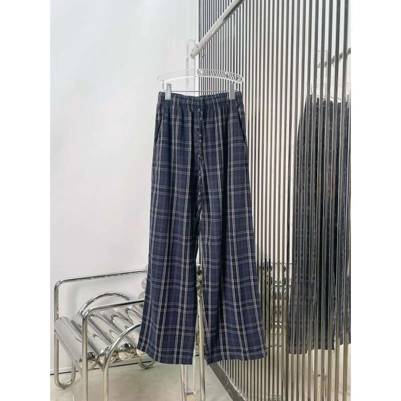 巴黎格纹抽绳休闲裤  松紧腰复古双褶撞色格纹直筒长裤