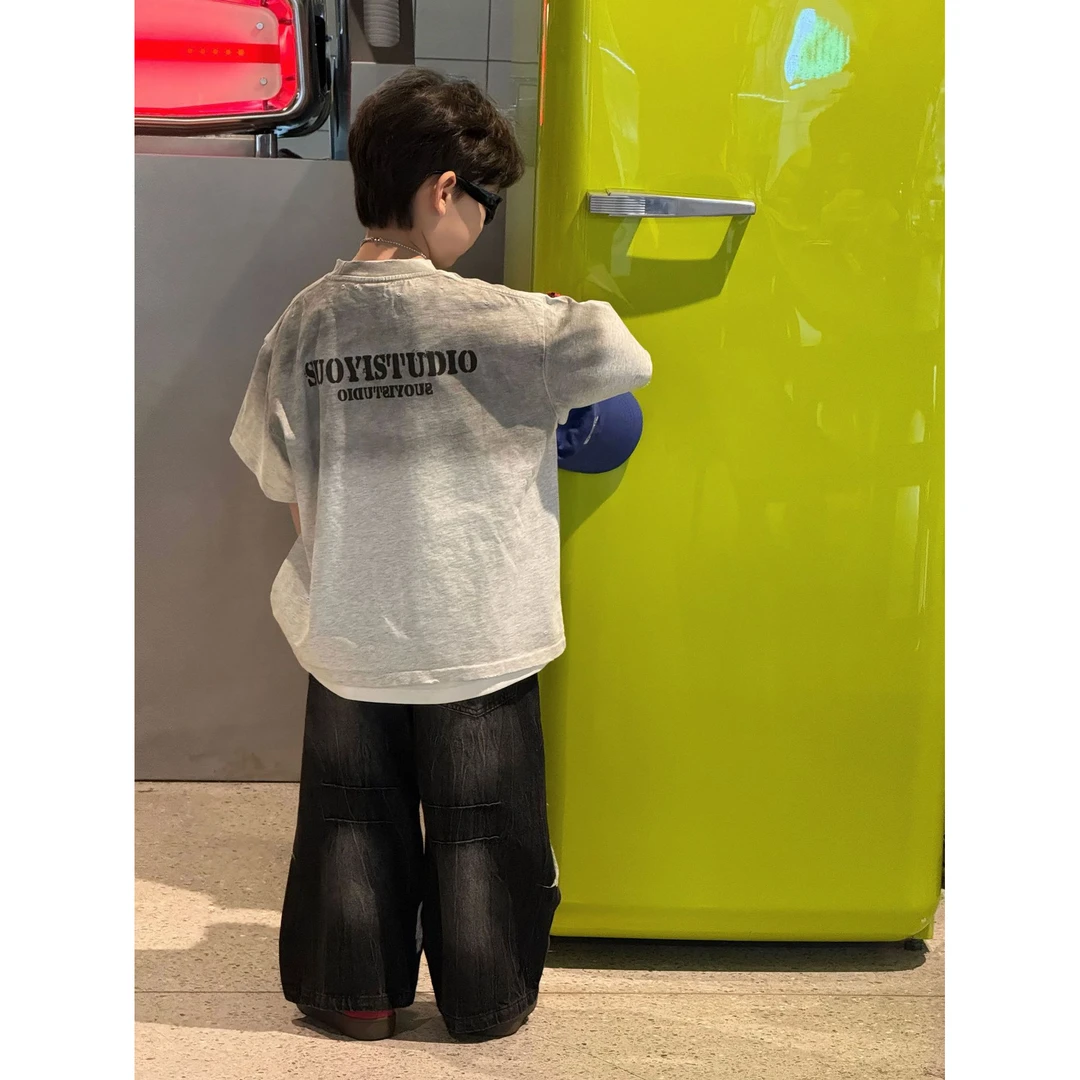 男童短袖2025春夏新款韩版儿童休闲ins风渐变字母T恤儿童上衣潮t