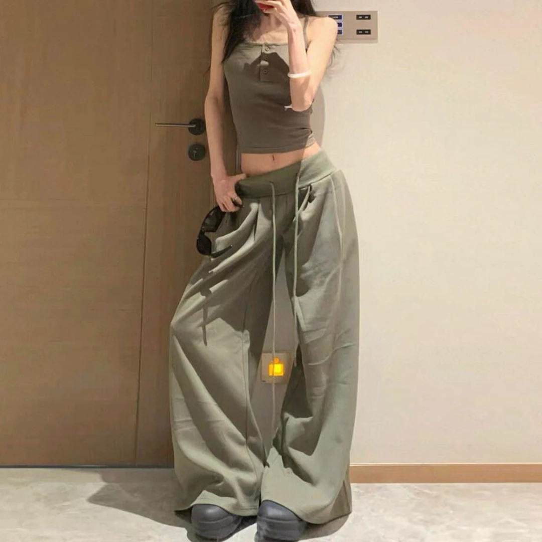 军绿色美式运动卫裤女秋季高腰抽绳宽松显瘦垂感休闲阔腿直筒裤子