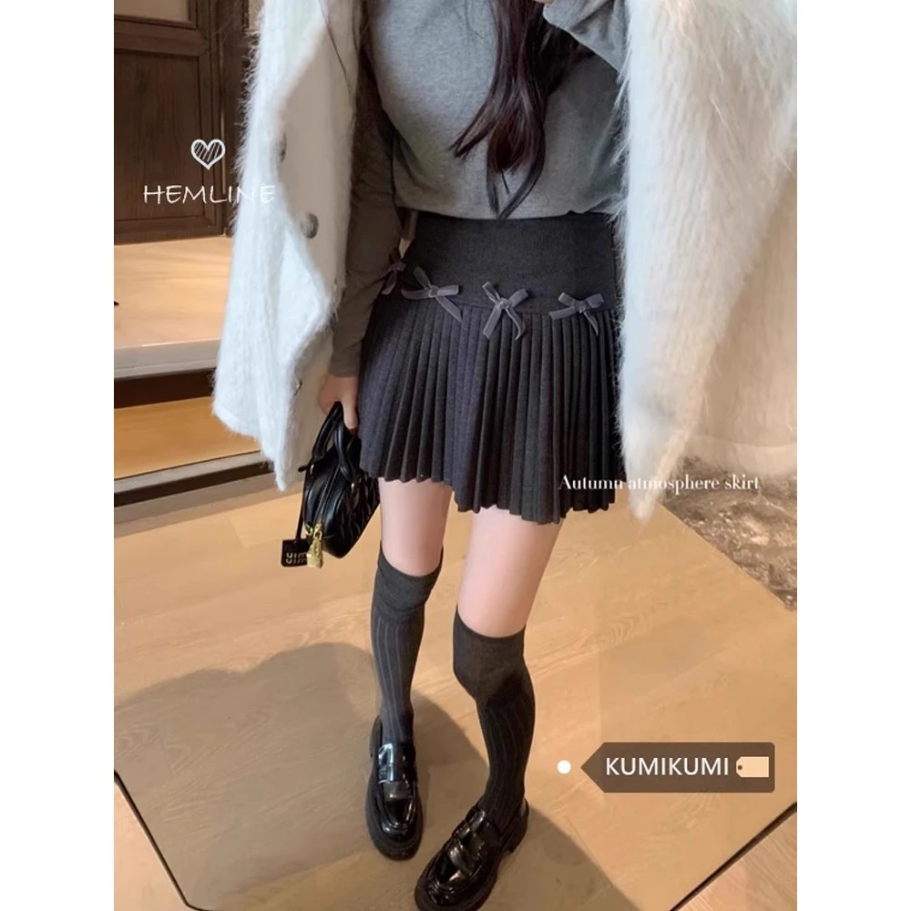 【梦梦】2024秋季新款半身裙蝴蝶结裙子黑色百褶裙高腰显瘦A字裙