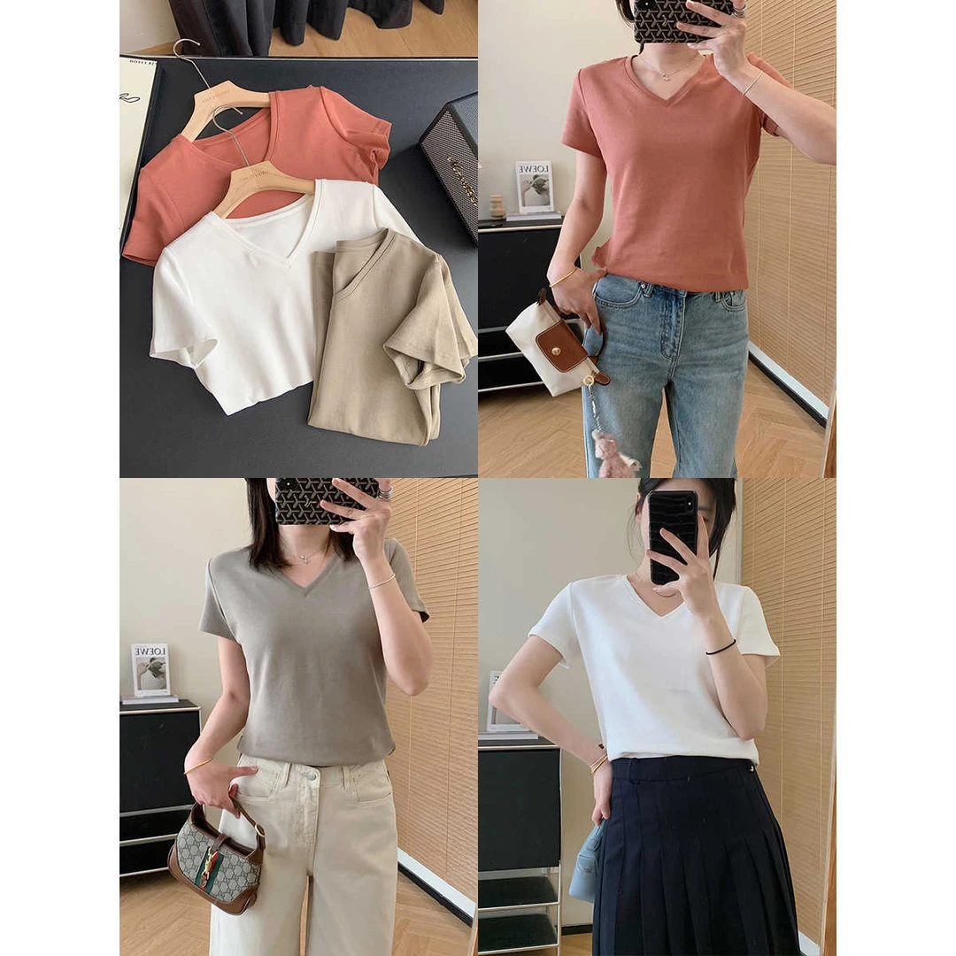 大叮自制清仓 人人爱基础系简约V领纯色短袖侧边开叉T恤！S4993