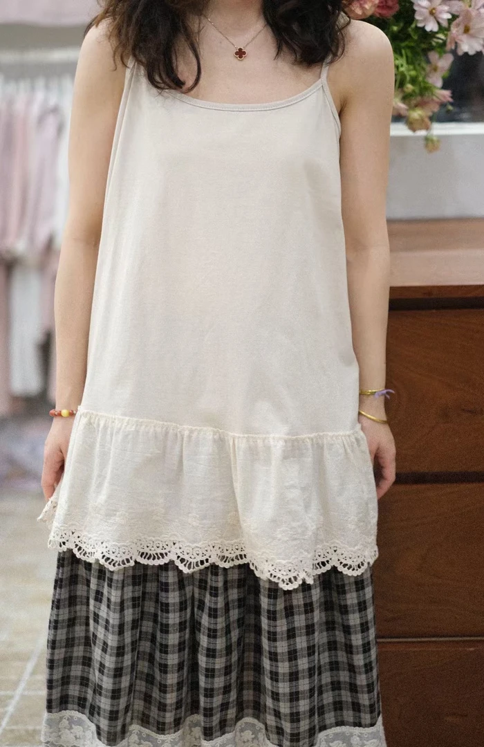 韩系森系简约百搭花边拼接吊带衫女纯色棉质小清新打底背心上衣