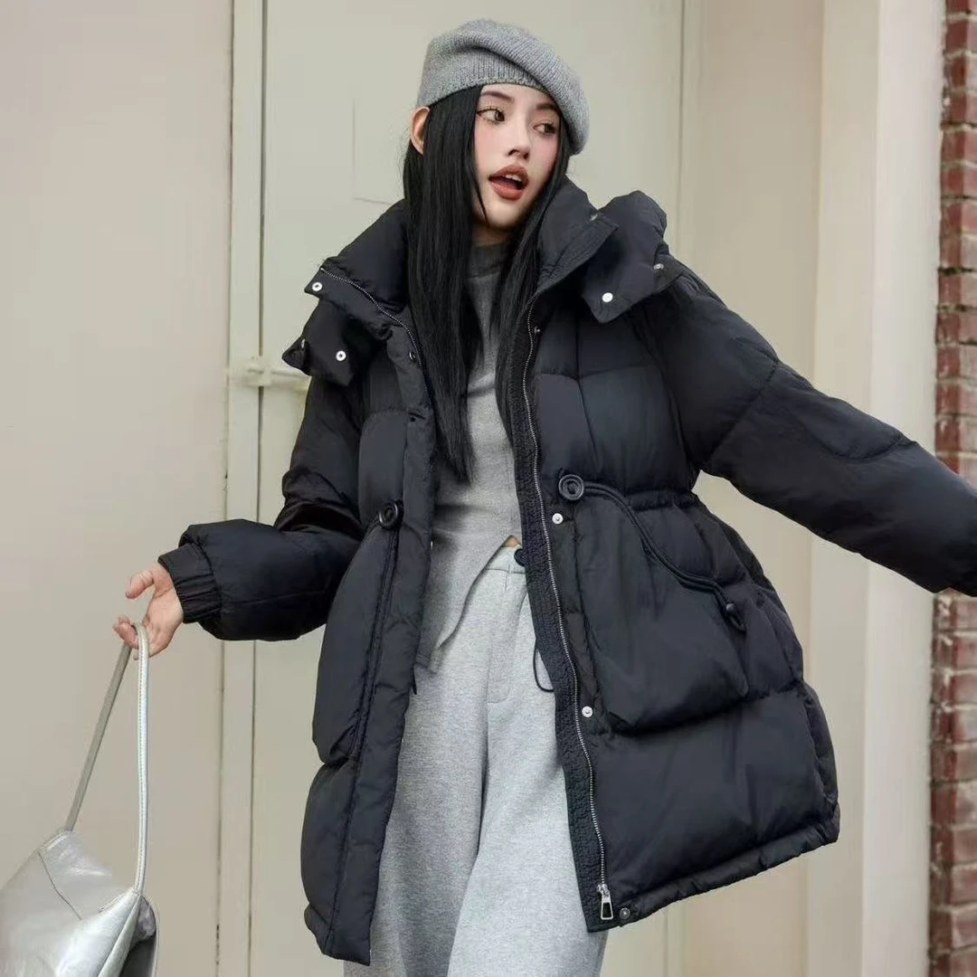 美拉德风黑色中长款女连帽收腰洋气百搭外套