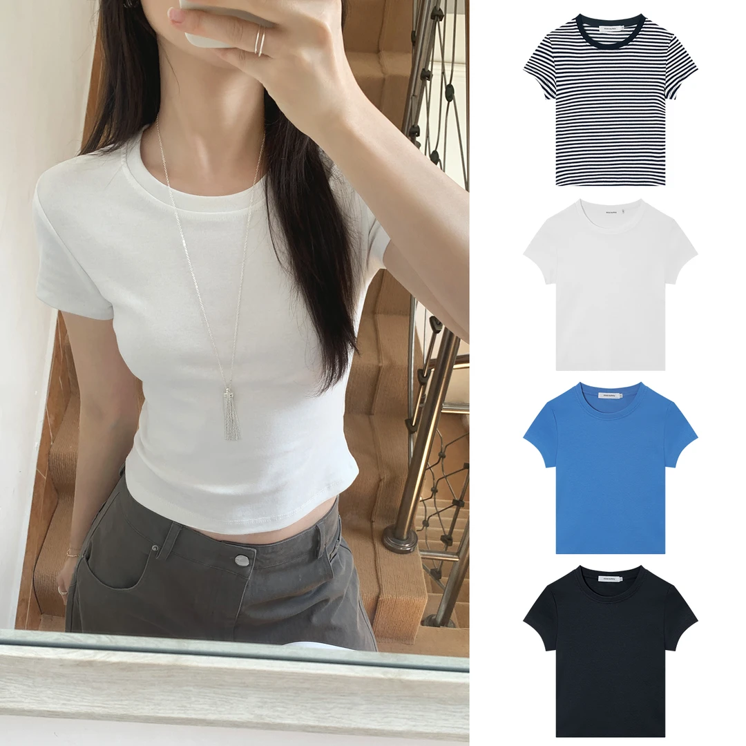 Miss sumeyY3845自制条纹T恤女美式纯色休闲运动弹力修身正肩短袖