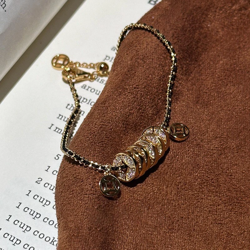 铜合金手链 不掉色黑金编织穿绳钱贯子手链女复古百搭高级感手饰