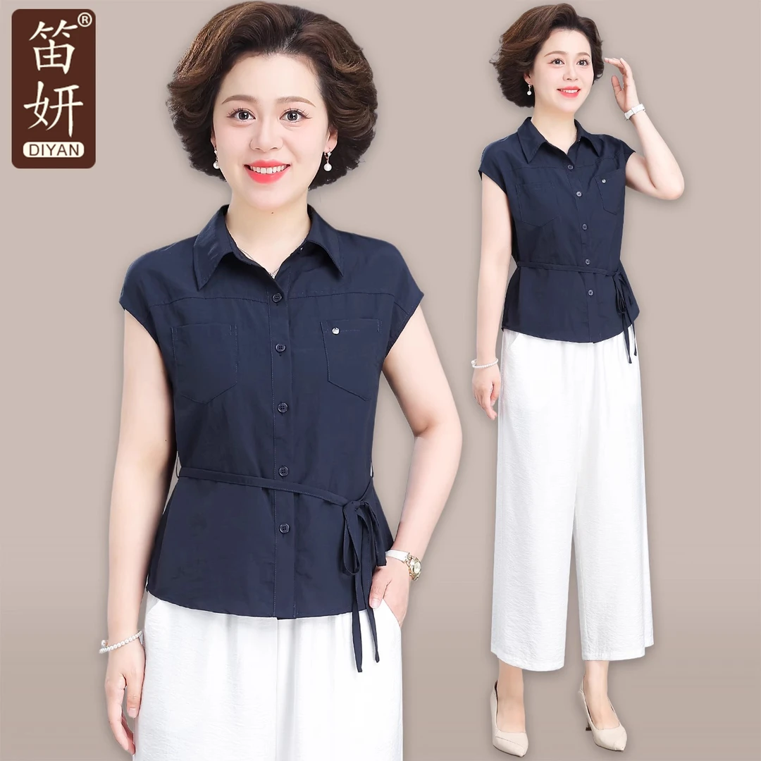 中年妈妈夏装气质休闲短袖衬衫贵夫人洋气上衣中老年人夏女装套装