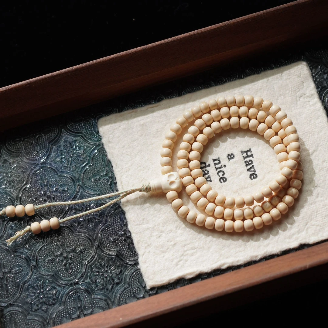 千层酥 天然猛犸牙千层横纹5*6mm老型珠三通阿呆念珠手串108颗