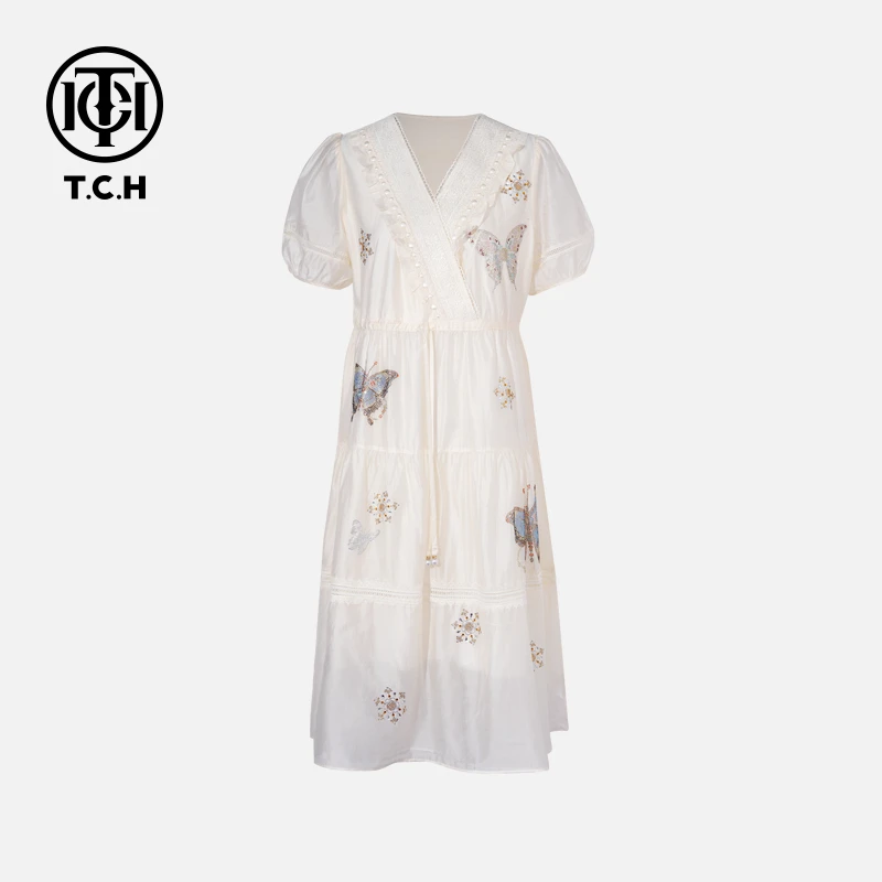 TCH私服烫钻工艺时尚休闲百搭蝴蝶结连衣裙女T75B30E5073轻奢tch