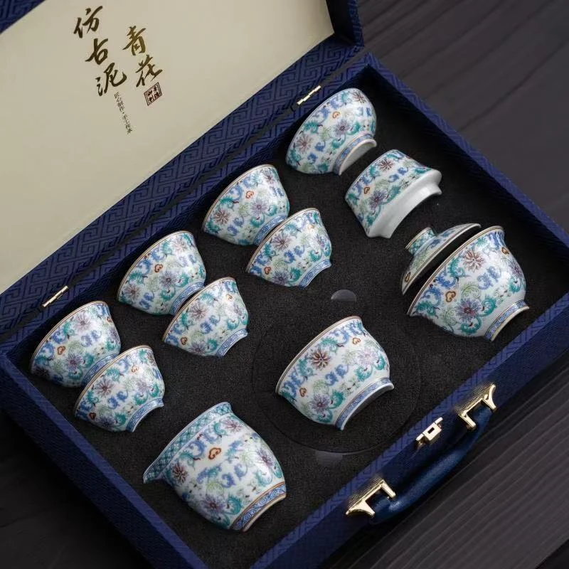 手作釉下彩青花斗彩缠枝莲高端茶具套组（带礼盒）