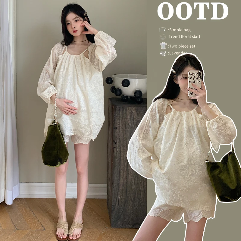 孕妇装夏季新款时尚法式孕期蕾丝刺绣防晒上衣休闲短裤国风两件套