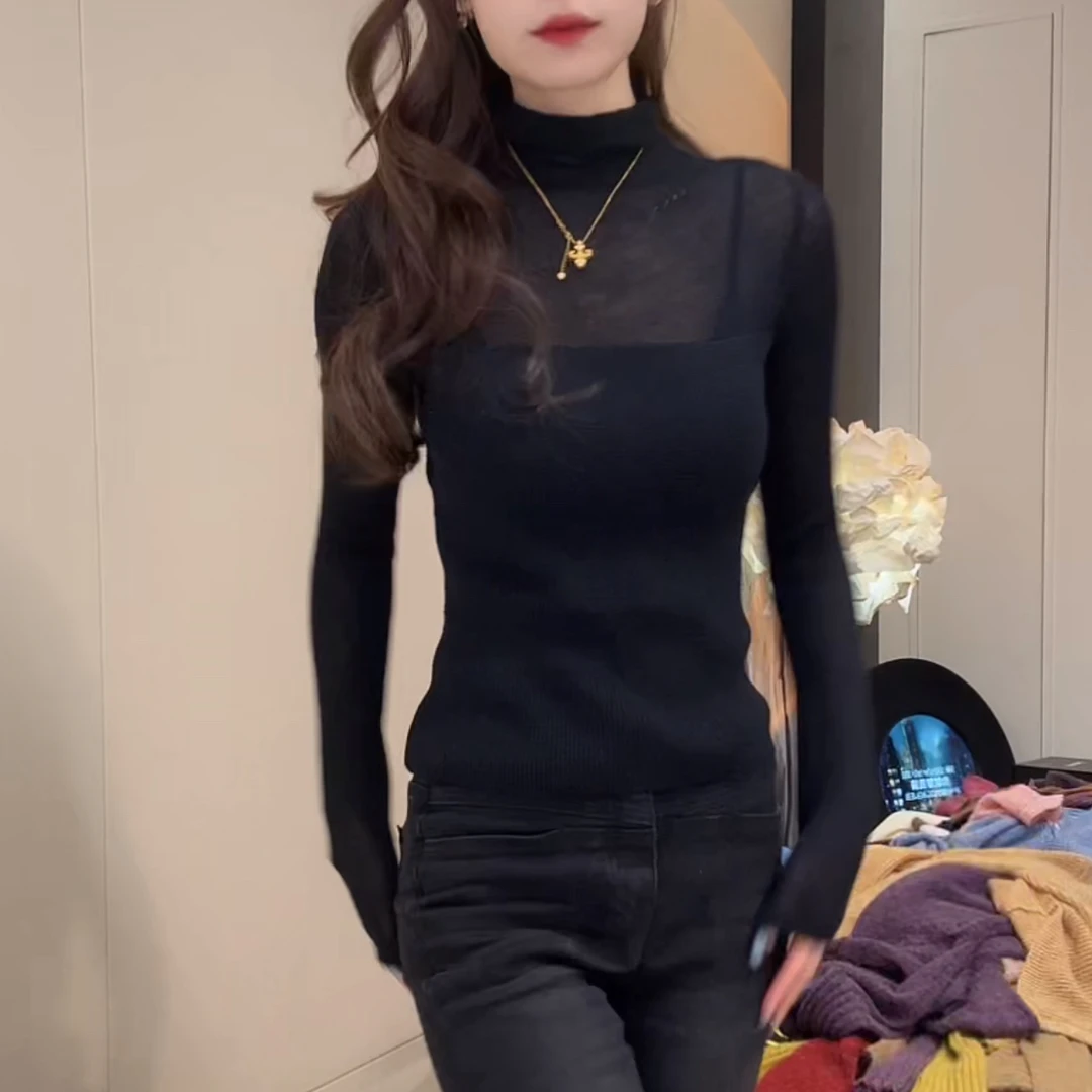 ins超火拼接修身显瘦内搭毛衣女2025秋冬新款百搭纯色打底针织衫