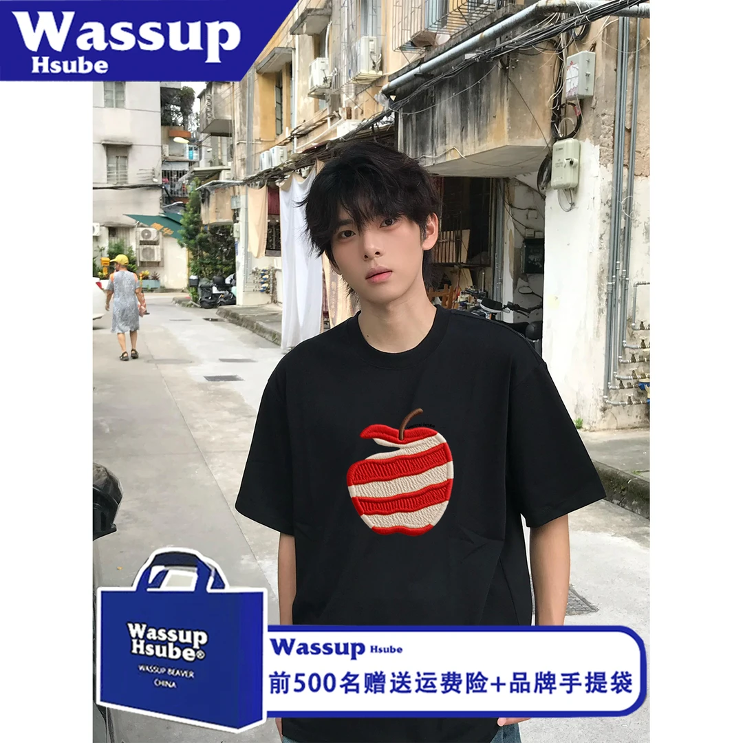 WASSUP HSUBE个性时尚夏季休闲苹果美式印花短袖T恤男女款纯棉tee