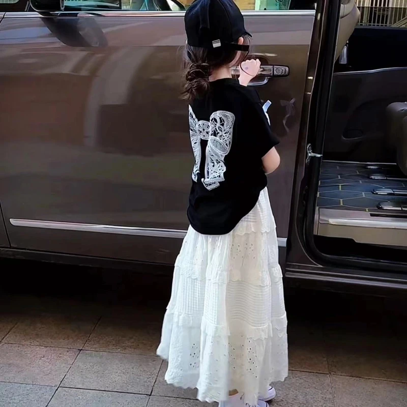 女童短袖T恤半身裙套装2025夏款蝴蝶结上衣街舞蛋糕短裙裤学院风