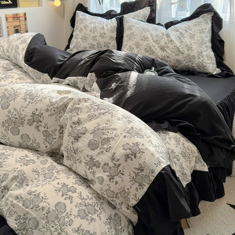 法式复古床上四件套亲肤水洗棉赫本风床品床单三件套被白带花边被