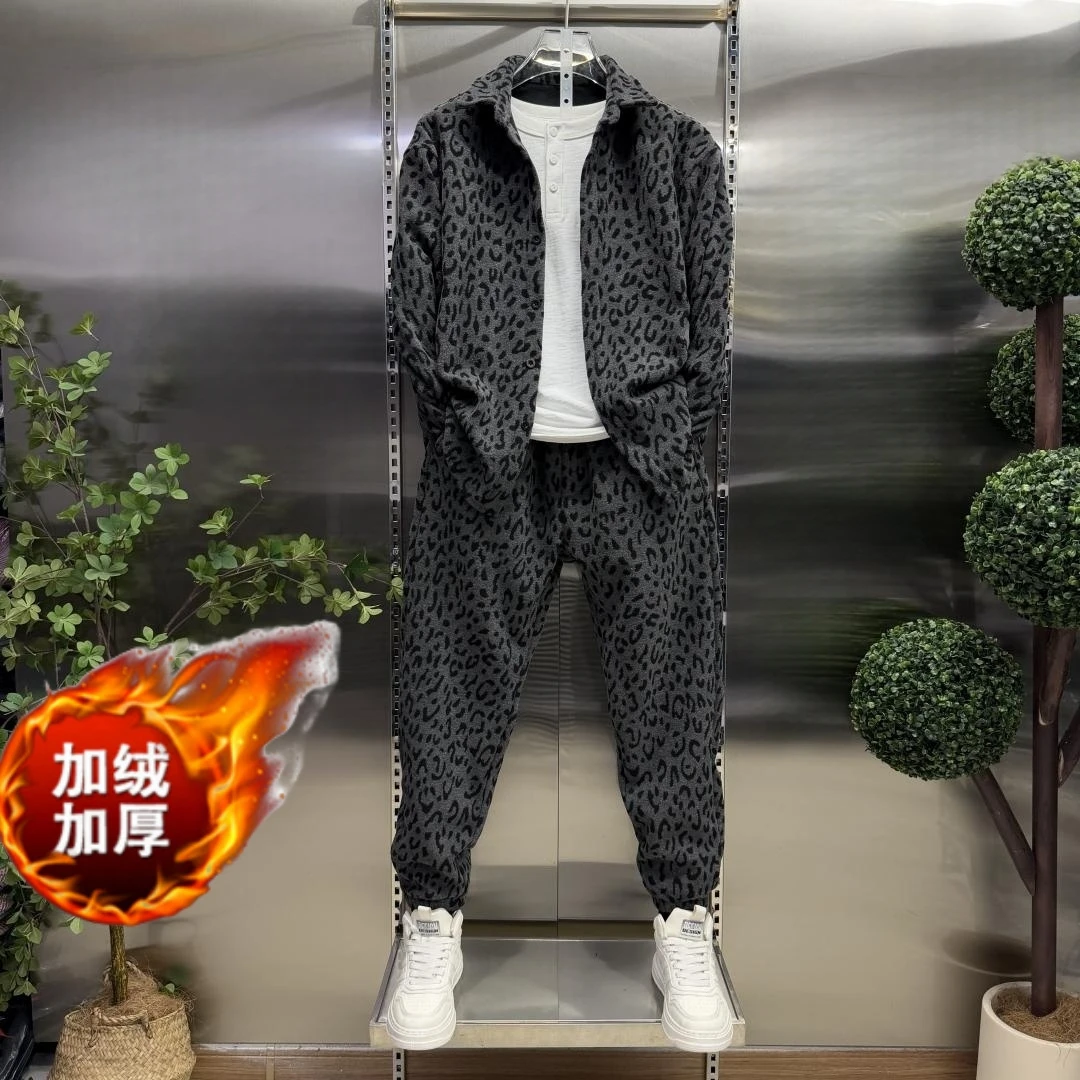 秋冬豹纹加厚男士套装时尚宽松加绒潮流一整套休闲保暖家居穿搭
