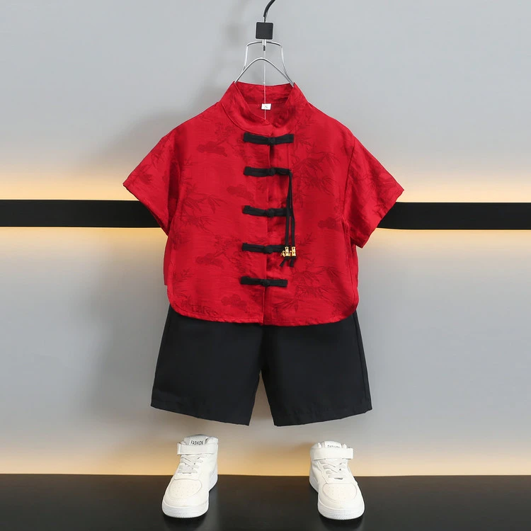 儿童新中式唐装夏季男童套装新款宝宝周岁礼服小童中国风帅气夏装