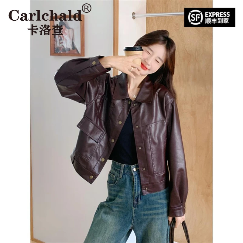 CARLCHALD卡洛查设计感覆古翻领暗红色皮衣短外套女春秋2025新款