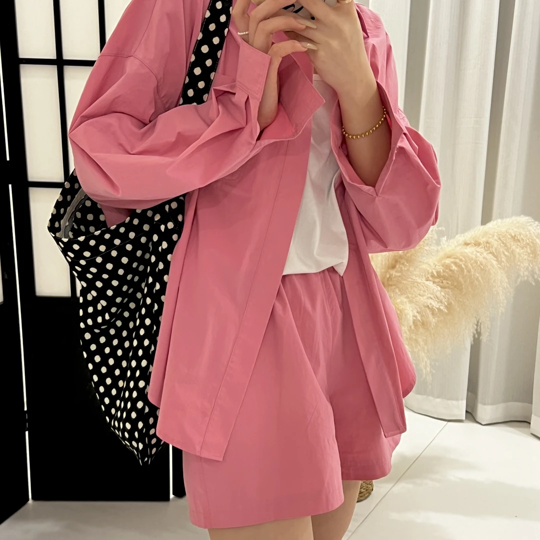 swx studio2店 水洗棉纯色宽松百搭新款衬衣套装