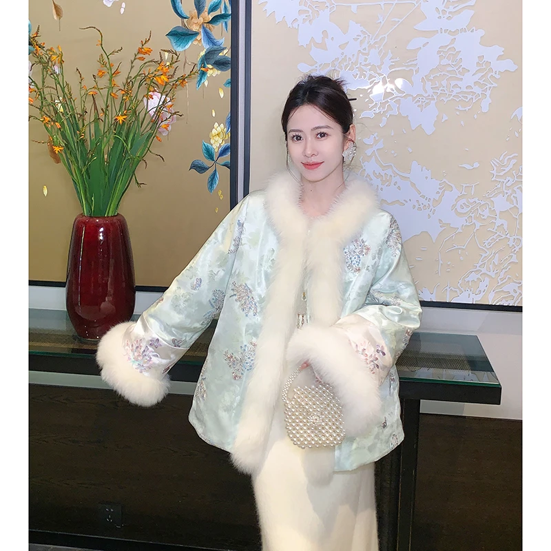 果果家【春庭雪】新中式国风上衣2025冬款女刺绣提花重工复古外套