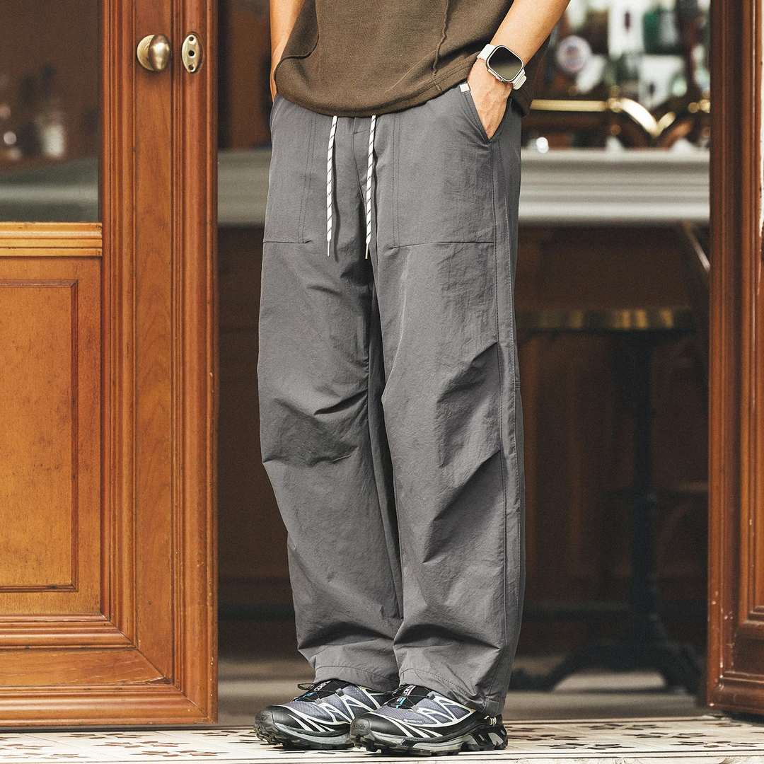 格蓝鹿美式户褶皱冲锋休闲裤男直筒夏季薄款宽松骑行阔腿工装裤子