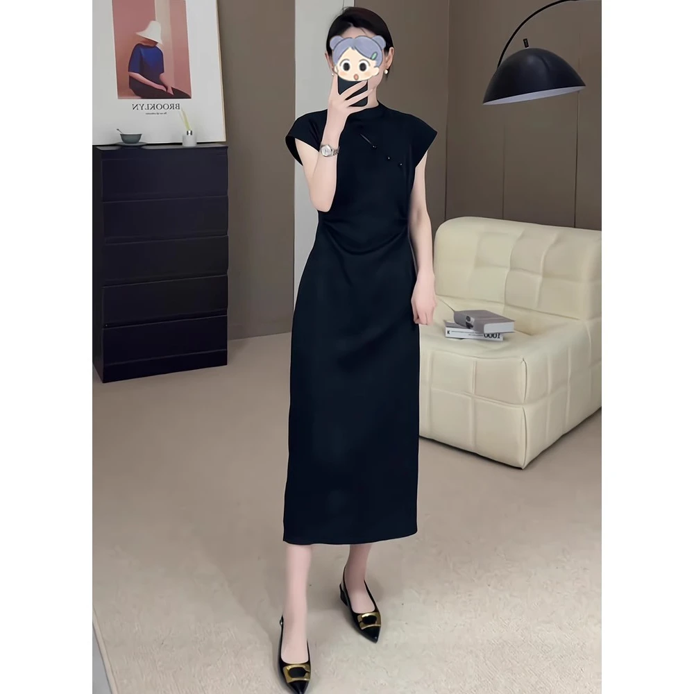 新中式国风气质连衣裙女夏季微胖宽松显瘦盘扣黑色圆领直筒旗袍裙