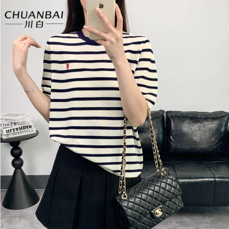 CHUANBAI 川白夏季桑蚕丝时尚经典刺绣圆领条纹简约气质针织短袖
