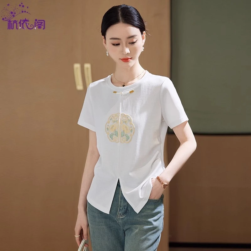 新中式国风短袖t恤女夏2025新款小个子修身显瘦正肩刺绣盘扣上衣