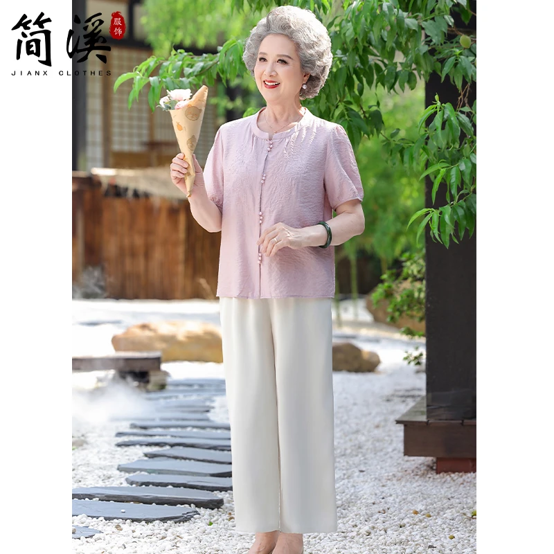 简溪妈妈夏季洋气套装中年女夏装薄款衬衣中老年新款奶奶短袖衬衫