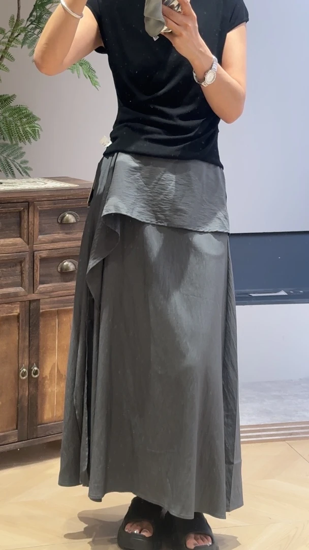 夏季设计感高腰A字半身裙女夏季薄款中长款大摆裙时尚百搭