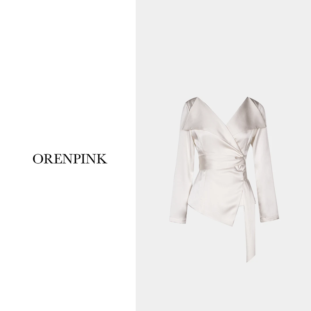 OREN PINK/奥粉25新款早春款V领缎面绑带时尚气质设计感女装上衣