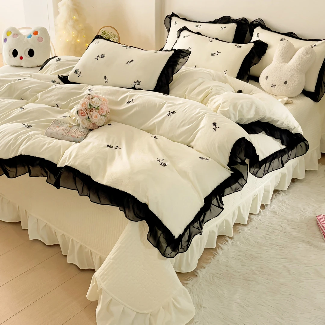 四季可用法式花边刺绣床盖款四件套春夏柔软亲肤被套夹棉加厚床单