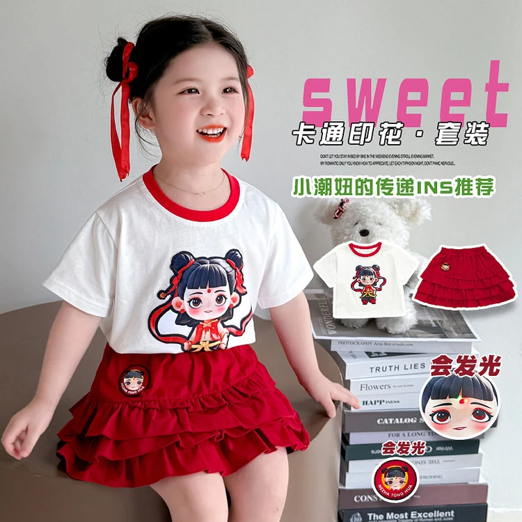 女常规印花通风汉服夏季童装小童古风女宝漫妙童.&哪吒蛋糕裙套装