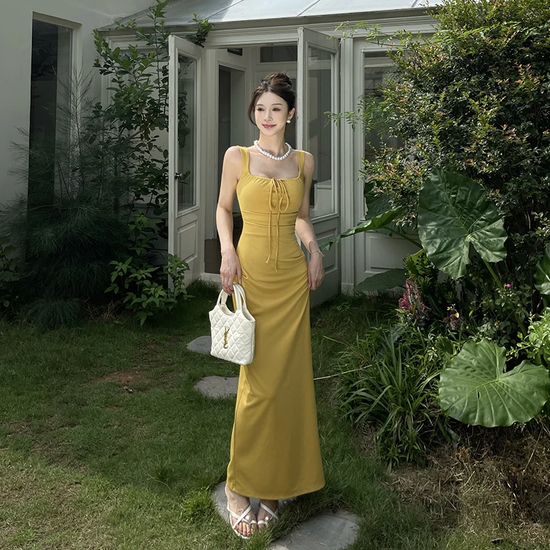 设计感抽绳细带吊带裙气质连衣裙夏季新款性感修身显瘦包臀长裙